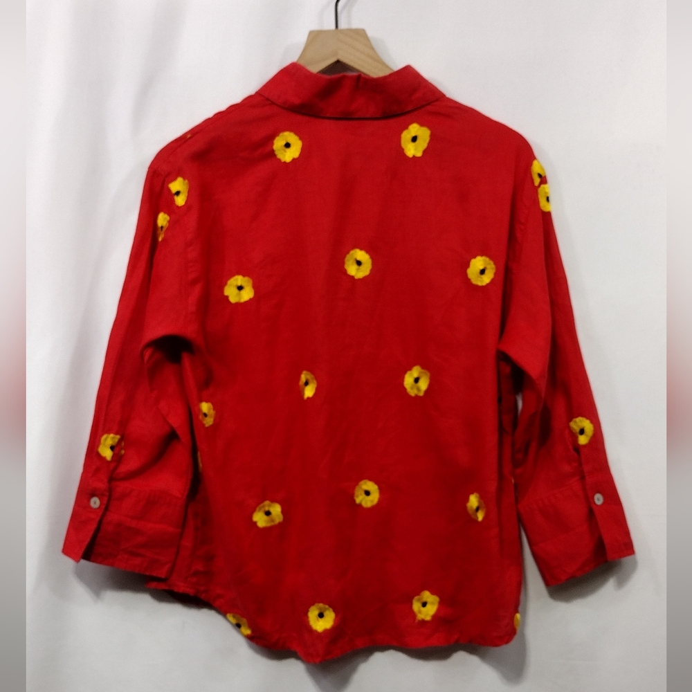 Casey Coleman 100% Linen Embroidered Floral Button Shirt Women's S Red Retro - Picture 5 of 7